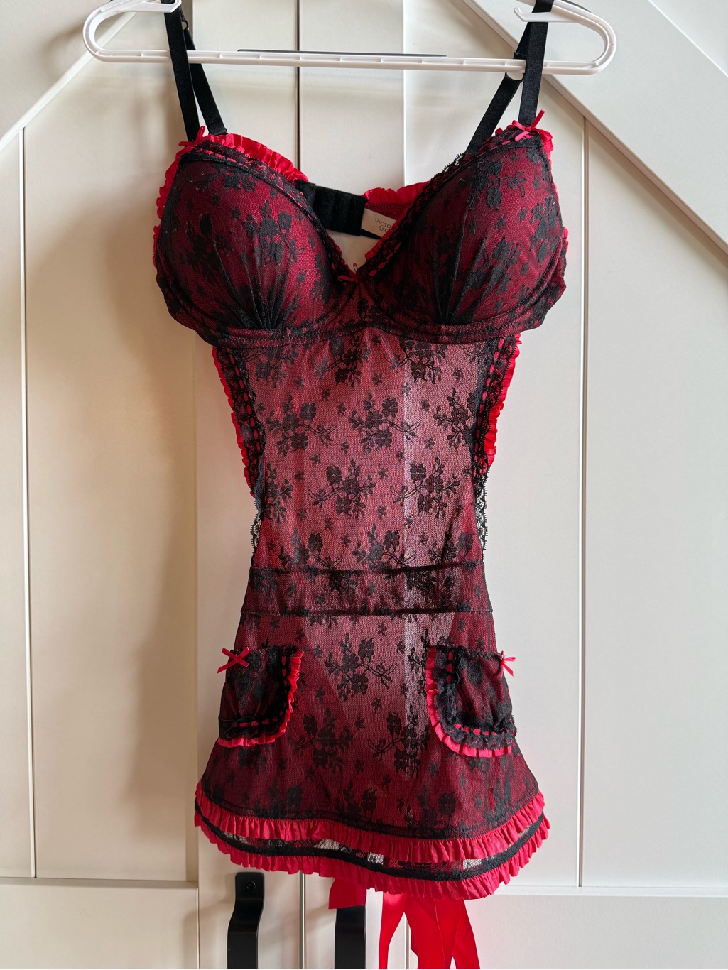 Victoria’s Secret Red & Black Lace Chemise With Shelf Bra